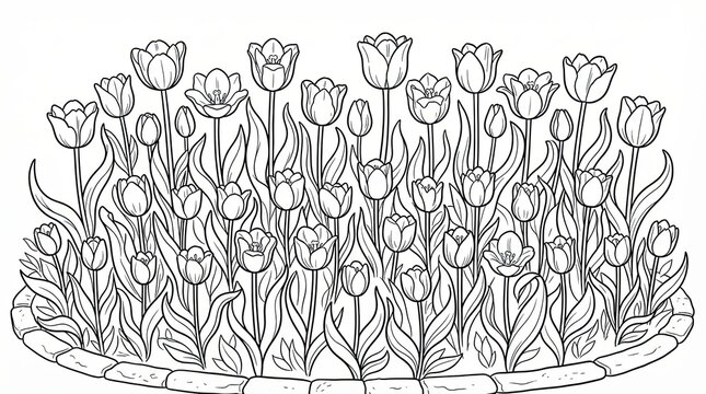 Black and white line art drawing of a beautiful field filled with many spring tulips