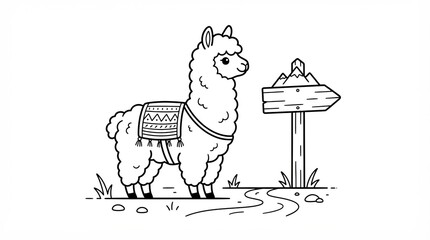 Fototapeta premium Cute llama standing next to a mountain wooden signpost in a simple line drawing style