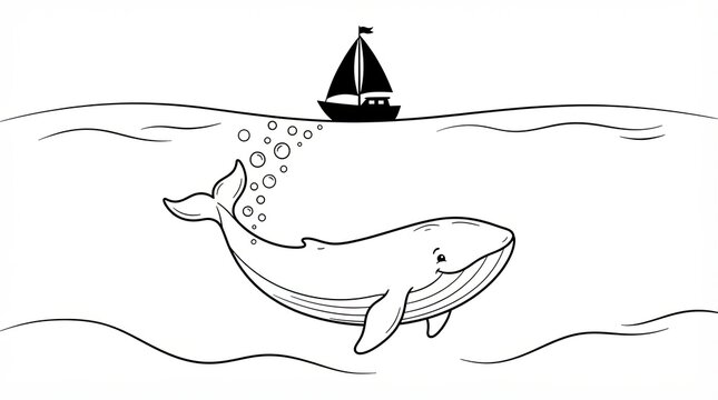Cute whale swimming underwater with a small sailing boat floating on the surface
