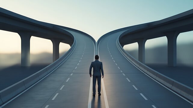 Man standing at fork where elevated concrete road splits into two diverging elevated highways, crossroads, choice and two directions in life and career, 3d render