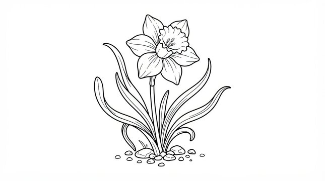 A single beautiful daffodil flower drawing with green leaves on white background