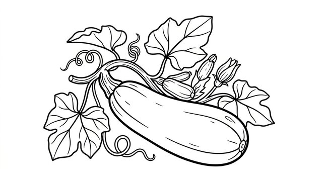 Black and white line art drawing of a fresh zucchini vegetable with leaves and vine