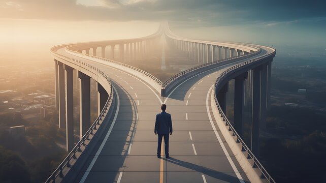 Man standing at fork where elevated concrete road splits into two diverging elevated highways, crossroads, choice and two directions in life and career, 3d render