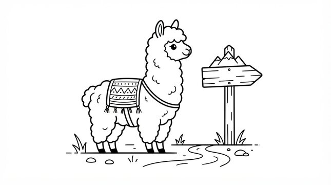 Cute llama standing next to a mountain wooden signpost in a simple line drawing style