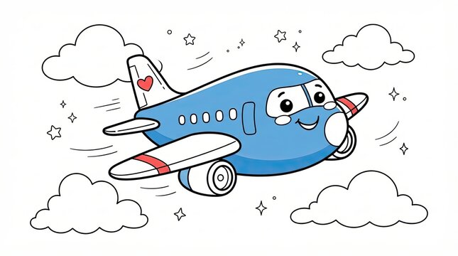 Cute cartoon blue airplane flying in the sky with white fluffy clouds and little stars