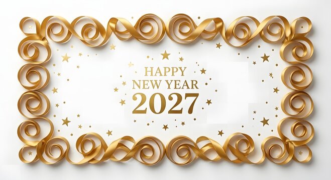 2027 happy new year gold border frame ribbon curl star template greeting card on elegant festive white background