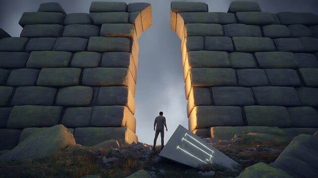 Man standing before giant stone arch with missing keystone piece on the ground, critical role, key person and completing the structure concept, 3d render 