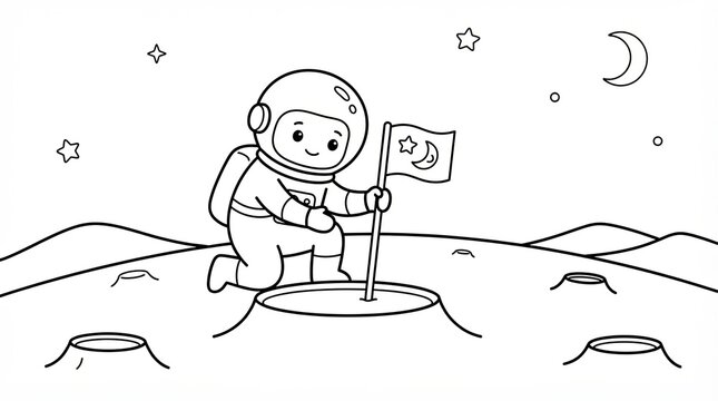 Cute cartoon astronaut planting a flag on the moon surface for children coloring page