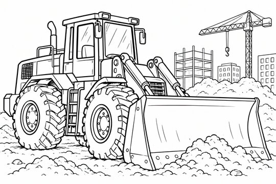 Large wheel loader tractor working at a construction site line art coloring page