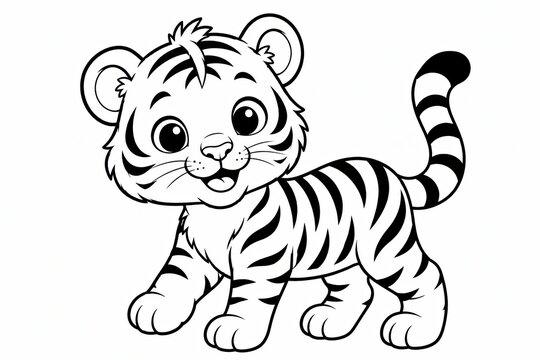 Cute little tiger cub drawing in a simple black and white line art style for kids
