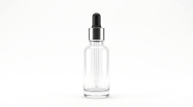 Empty clear glass dropper bottle with black and silver cap, ideal for serums, oils, or laboratory samples, isolated on a clean white background.