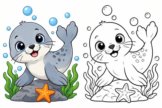 Cute cartoon baby seal character with coloring page version isolated on white background