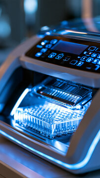 Macro close-up of a glowing blue PCR thermal cycler, the detail sample block and heated lid mechanism in crisp focus, indicator lights active, with copy space