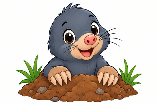 Cute cartoon mole peeking out of a hole in the ground isolated on white background