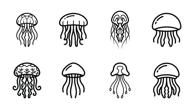 Set of Jellyfish Illustrations: A collection of eight simple, hand-drawn illustrations of jellyfish, each featuring unique tentacle designs and bell shapes, presented against a plain backdrop.