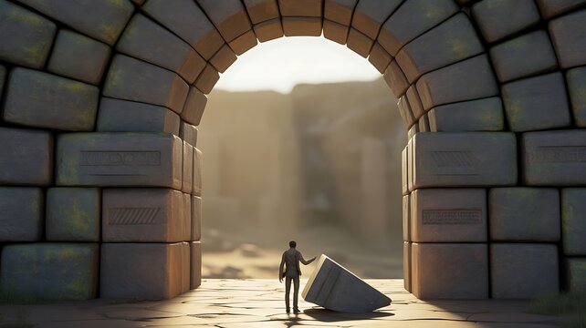 Man standing before giant stone arch with missing keystone piece on the ground, critical role, key person and completing the structure concept, 3d render 