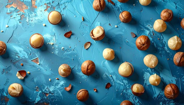 Whole macadamia nuts filling a colorful textured composition