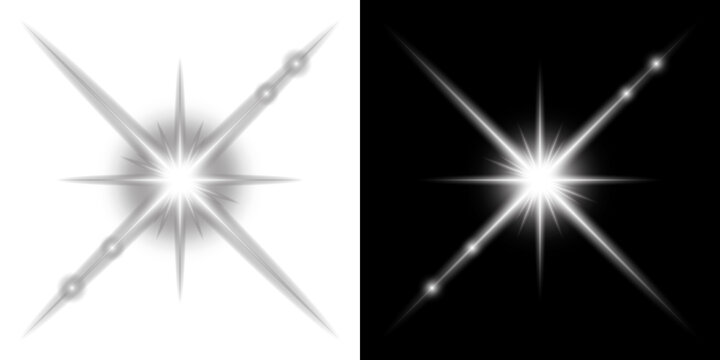 White Star Flare Light Effect Isolated on Transparent and Black Background