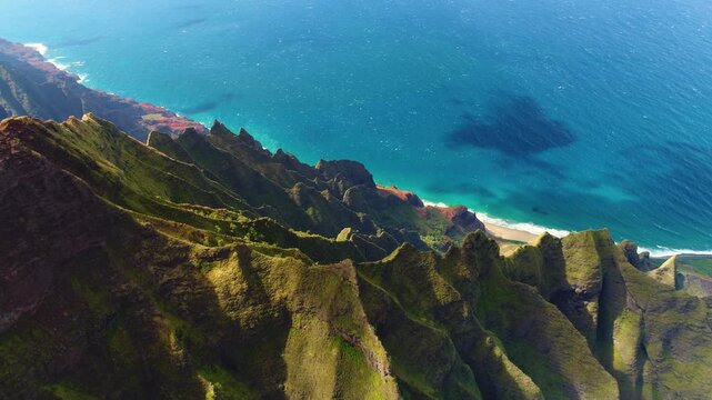 Aerial view of Na Pali Coast cliffs in Hawaii, United States.