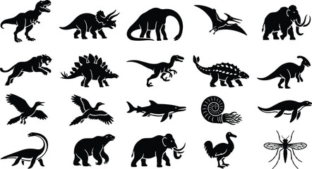 Set of black silhouette featuring various prehistoric animals, dinosaurs, extinct mammals, and ancient creatures on a white background © Animal-Vactor