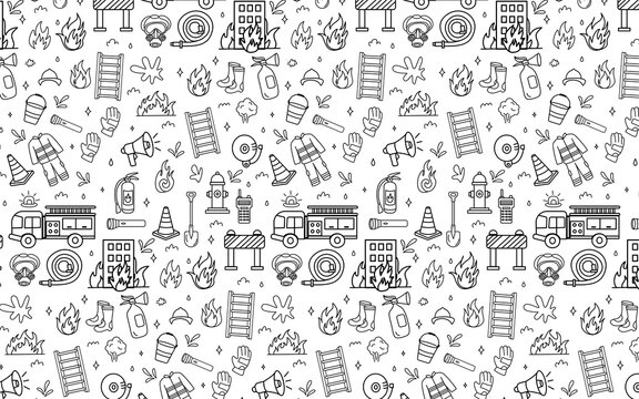 Fire fighter hand drawn doodle clipart element seamless pattern
