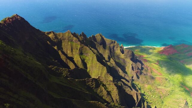Aerial view of Na Pali Coast cliffs, United States.