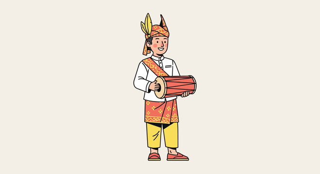 Indonesian boy playing traditional drum in cultural attire illustration