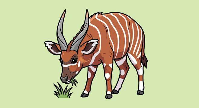 Cartoon bongo antelope grazing on grass against green background