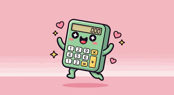 Smiling green calculator mascot with floating hearts
