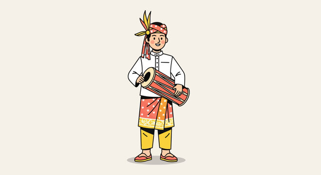 Traditional Balinese musician playing kendang drum in festive attire
