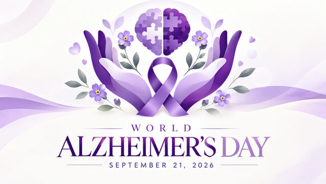 World Alzheimer&rsquo;s Day Awareness Banner with Purple Ribbon and 21 September Date,,,,