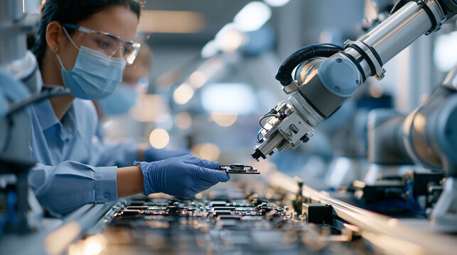 A realistic modular assembly line with collaborative robots handing off small components to a technician for final inspection, editorial hero photograph, authentic modern factory e