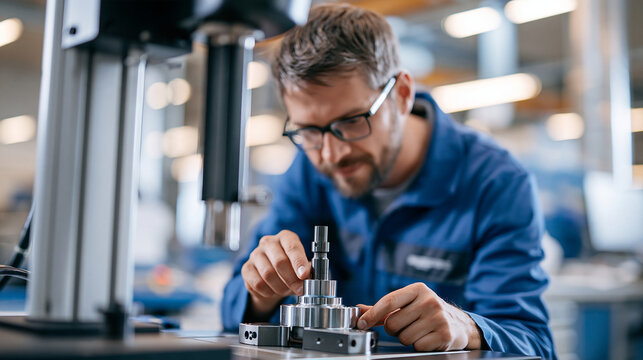 A realistic quality control station with an engineer using a coordinate measuring machine on a precision-machined part, editorial hero photograph for an industrial manufacturing pu