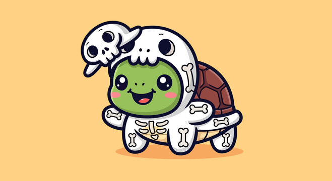 Cute cartoon turtle wearing spooky skeleton costume