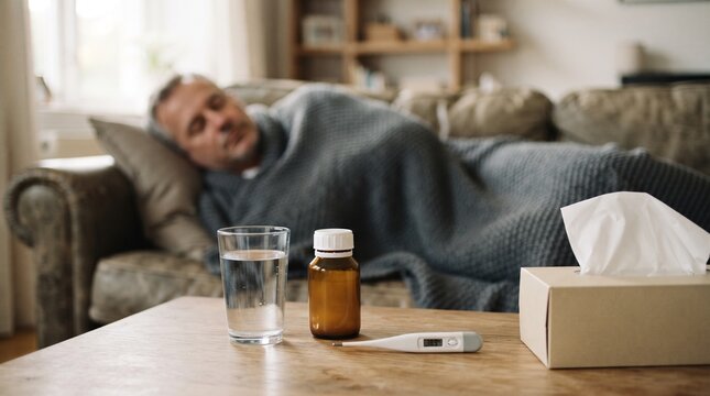 Sick man lying on sofa with thermometer medicine and tissues