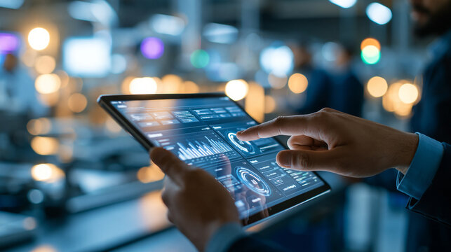 Close-up of hand holding a transparent tablet on a factory floor, monitoring production line data through an AI dashboard, defocused machinery background, with copy space