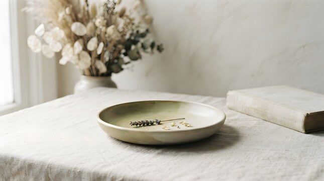 Neutral toned ceramic dish rests on a linen tablecloth with dried flowers nearby