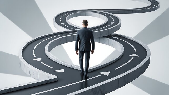 Man walking on looping path illusion, business complexity challenges right direction, 3d render