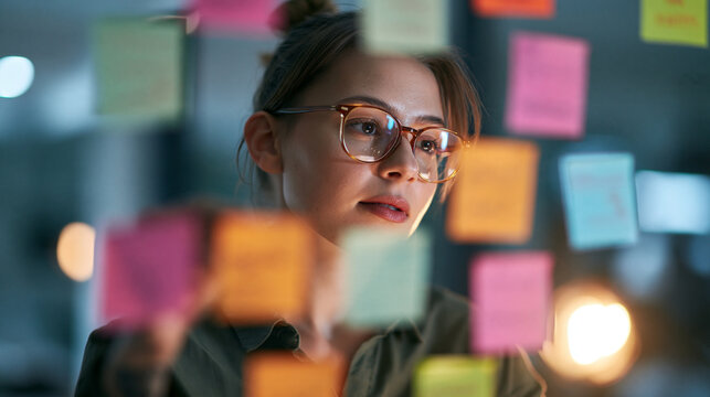 Entrepreneur arranging colorful sticky notes into a swot analysis grid on a glass wall, business strategy, innovation process, with copy space