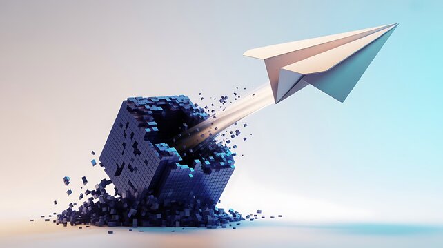 Paper plane breaking free from disintegrating pixel block launching upward, startup, freedom, digital transformation and breakout growth concept, 3d render