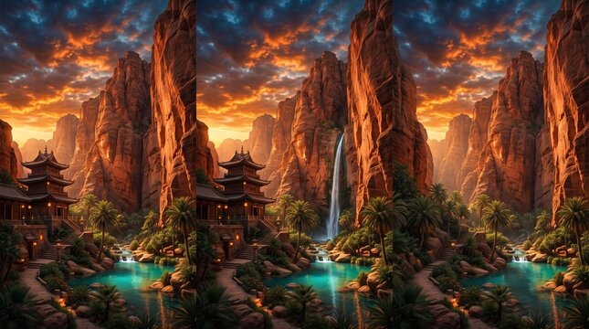 Temple desert waterfall