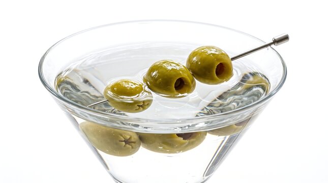 A classic martini cocktail served in a clear glass with several green olives, some on a skewer, against a white background.