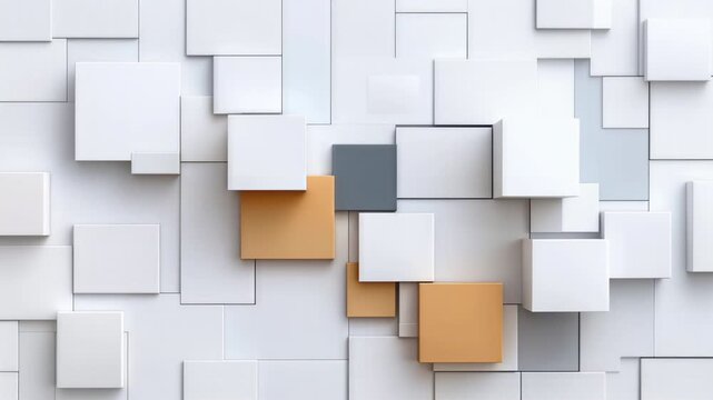 Layered white square tiles shift around gray and tan blocks in a minimal geometric wall relief viewed from the front