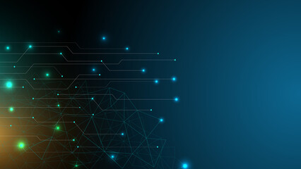 Abstract Digital Network Technology Background – Green and Blue Polygonal Mesh with Circuit Lines and Glowing Connection Nodes © Keo Photo
