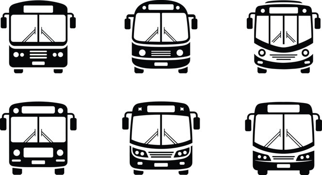 Set of black and white school bus and transit vehicle front view vector icons for transportation concepts