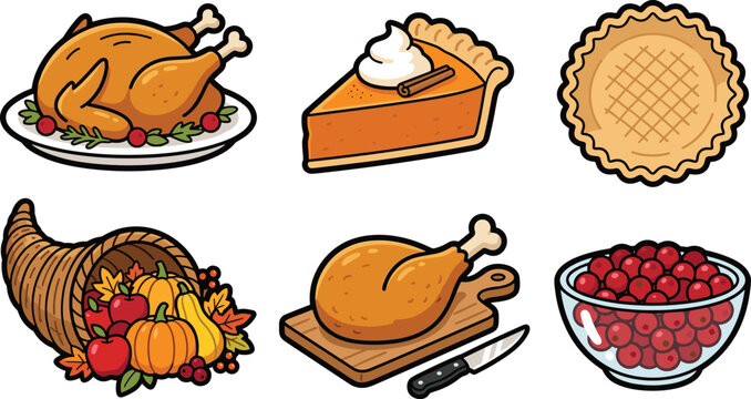 Thanksgiving dinner food vector illustration with roast turkey, pumpkin pie, cornucopia, and cranberries
