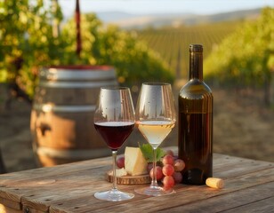 Fototapeta premium Red and White Wine Tasting in a Sunlit Vineyard.