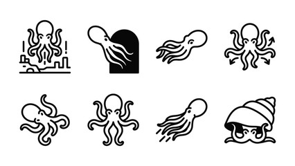 Obraz premium Octopus Icon Set: A collection of stylized line art icons depicting octopuses in various dynamic poses and settings, showcasing their unique features and aquatic environment.