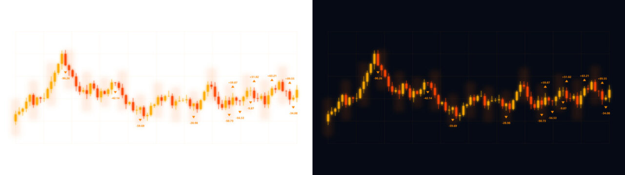 A PNG image of a Financial candlestick charts showing market volatility with orange glowing bars and numeric data points displayed against both bright white and deep dark backgrounds for professional 