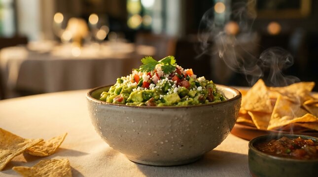 Bowl of fresh guacamole with crumbled cheese and diced tomatoes